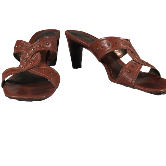 Antonio Melani Brown Heeled Sandals Gold Ton Studs Leather Twist - Picture 2 of 10